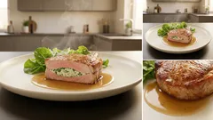 Gefüllte Kalbskoteletts mit Rucola-Ricotta – zart aus der Pfanne, mit Weißwein-Sud