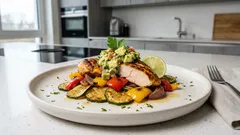 Hähnchenpfanne mit Zucchini & Paprika – dazu eine frische Avocado-Limetten-Salsa