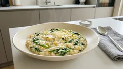 Cremiges Spinatrisotto mit Zitrone und Parmesan – so gelingt es mit Vollkornreis