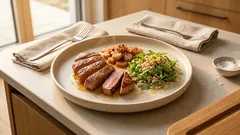 Zartes Kalbsfilet mit Rhabarber-Ingwer-Pfanne – dazu Graupen-Rucola-Salat